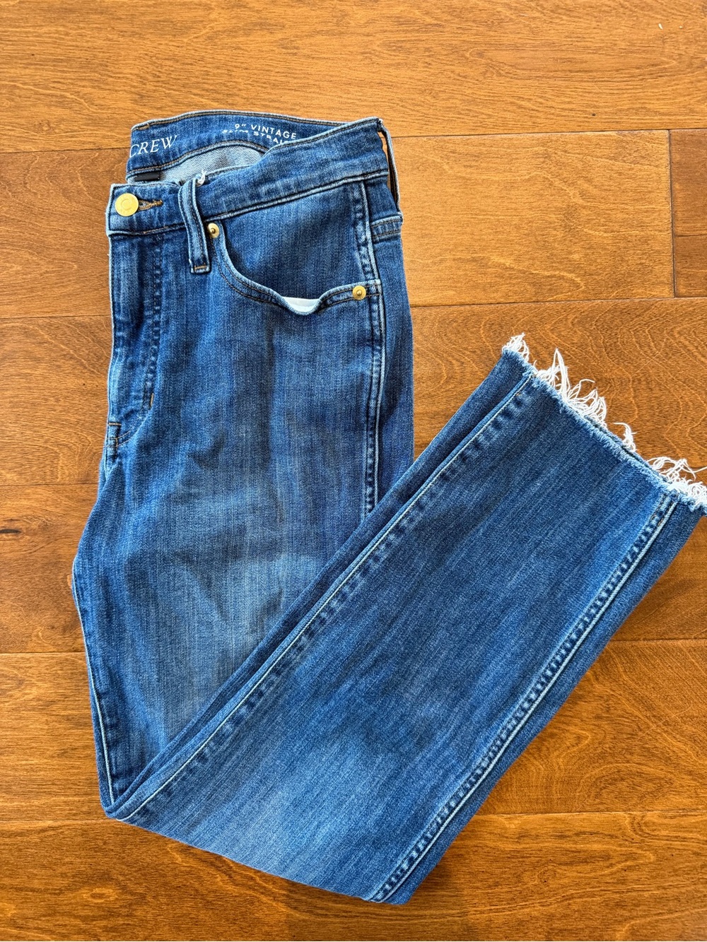 J. Crew Women's Dark Blue Slim Straight Jeans with Frayed Hem